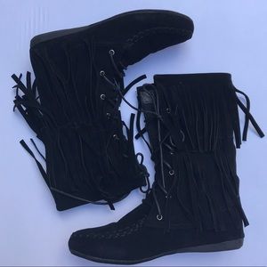 ADRIANNA WOMEN’S BLACK FAUX SUEDE FRINGE BOOTIES